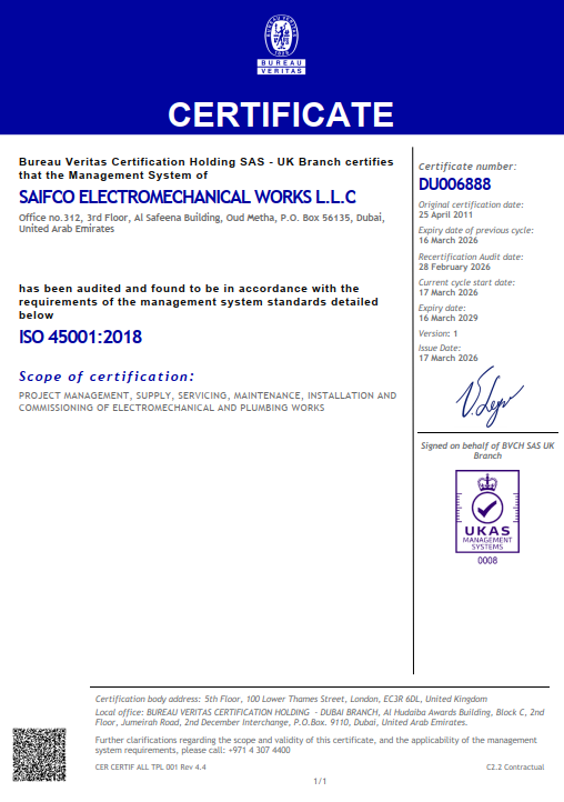 ISO 45001:2018 Occupational Health & Safety Management Systems certificate